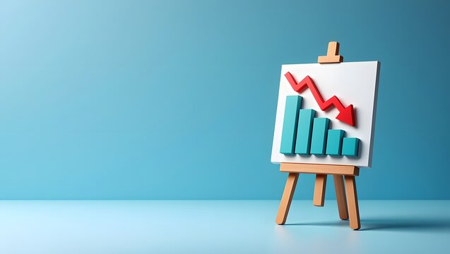 whiteboard easel with descending red bar graph chart arrow down 3d illustration. Crisis, global recession, tariffs effect concept