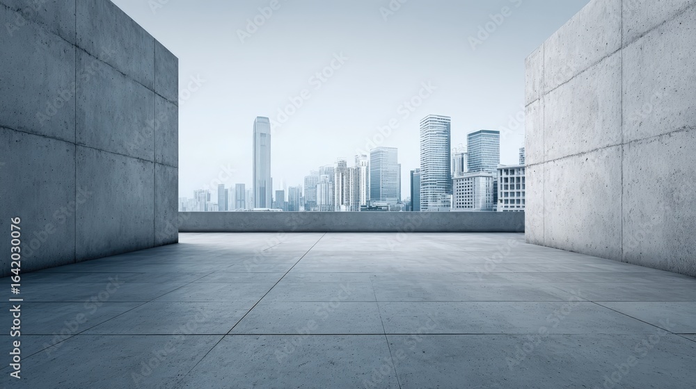 Poster modern cityscape view from concrete rooftop with skyline and urban architecture in the background