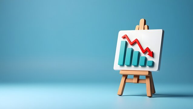 whiteboard easel with descending red bar graph chart arrow down 3d illustration. Crisis, global recession, tariffs effect concept