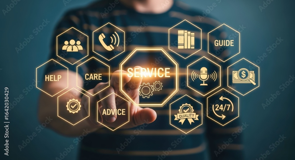 Poster digital service interface: man interacting with glowing icons representing customer support and assi