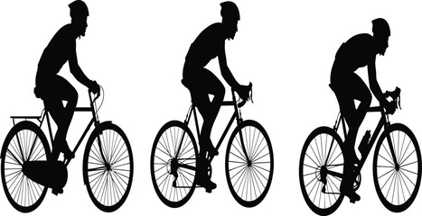 Fototapeta premium Cyclist silhouettes, different riding styles, road bike, city bike, racing posture, bicycle positions, black outline, sport motion, vector illustration