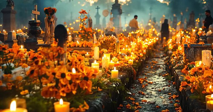 A candlelit path winds through a cemetery adorned with orange flowers during Dia de los Muertos.