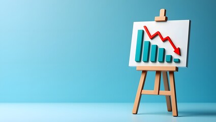 whiteboard easel with descending red bar graph chart arrow down 3d illustration. Crisis, global recession, tariffs effect concept