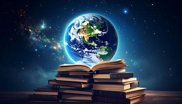 Earth above open book stack - Powered by Adobe