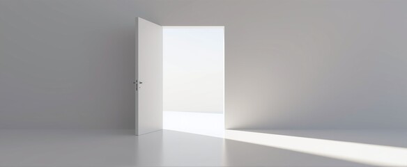 An open white door bathed in sunlight within a minimalist, modern interior space.