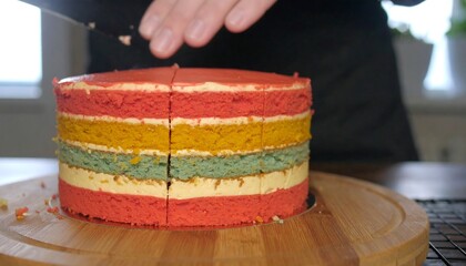 Multicolored layered cake slicing