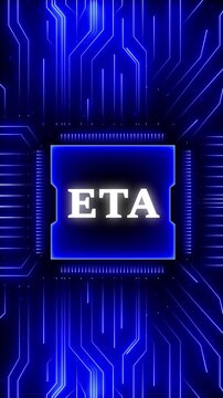 Animated ETA concept with business finance and technology icons. Digital Data moving on Circuit Board and CPU . Computer Processing and organizing data.