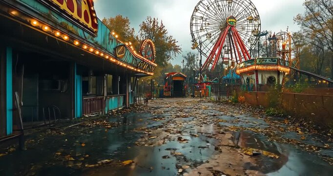 A desolate amusement park with a creepy clown face, Ferris wheel, and wet ground covered in fallen leaves.
