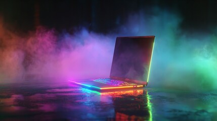 Laptop, fire, dark, studio, smoke, technology, gaming, reflection, power