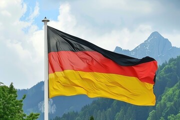 German flag waves proudly against a mountainous backdrop on a clear day in the Alps