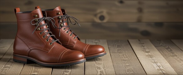 Close-up of elegant brown leather boots displayed on a wooden table, perfect for autumn.