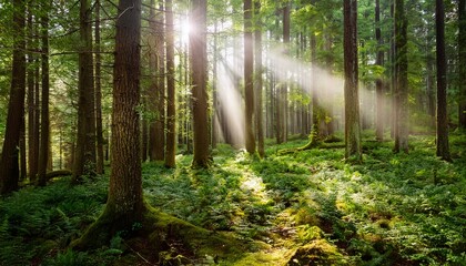 Obraz premium mystical forest with sunlight rays piercing through tall trees in a lush green woodland for nature exploration and adventure photography