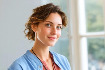 Portrait of a young woman with curly hair in casual blue jacket