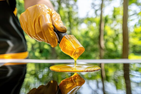 Yellow liquid being applied to a surface with a tool.