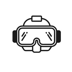 "Vector Line Icon of Swimming Goggles &ndash; Minimalist Black and White Illustration Featuring Rectangular Lenses with Rounded Edges, Nose Bridge, and Head Strap &ndash; Includes Diagonal Reflection Marks on Eac