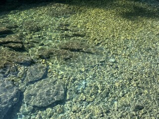 Stones and pebbles in crystal clear sea water.