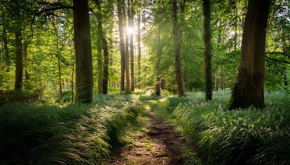 Naklejka premium sunlight streams through a dense forest of tall trees and lush green foliage along a small grassy path creating a peaceful scene