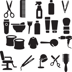 Black silhouette icons of barber shop tools, including scissors, combs, hairdryer, spray bottle, and grooming items. Great for hair salon, barber branding, and men’s grooming design projects.

