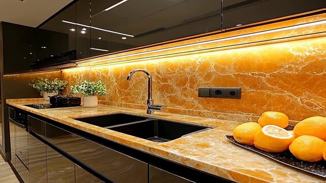Elegant modern kitchen with glowing orange onyx backsplash and sleek design