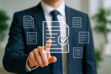 Businessman Selecting Digital Document with Checklist Icon for Compliance, Approval and Digital Signature