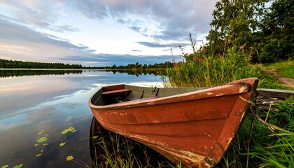 Obraz premium Red rowboat lakeside serenity