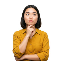 Thoughtful young asian woman pondering a decision with hand on chin isolated on transparent background