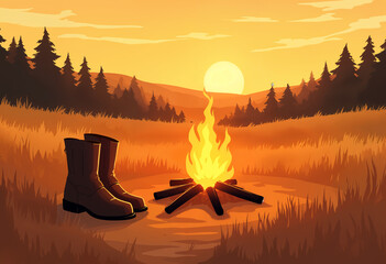 watercolor painting of old leather work boots next to a campfire in a field at sunset, wildlife