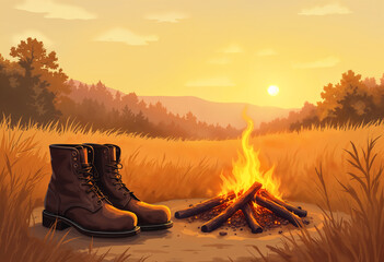 watercolor painting of old leather work boots next to a campfire in a field at sunset, wildlife