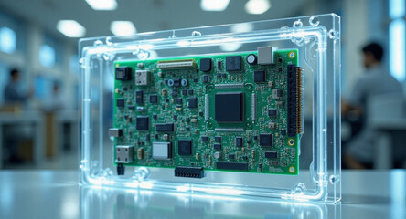 Computer motherboard sealed inside transparent clean protective acrylic box