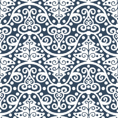 Seamless Christmas pattern in doodle style. Black and white background with Christmas fir-trees. Vector illustration.