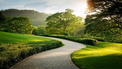 enjoy a peaceful walk along a winding path surrounded by lush greenery at a park in the early afternoon