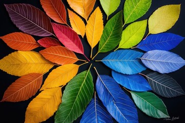 Colorful leaves arranged in a circle on a dark background.