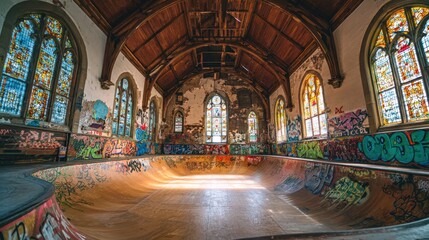 Abandoned Church Transformed into Skatepark with Colorful Graffiti and Stained Glass Windows Creating Unique Atmosphere