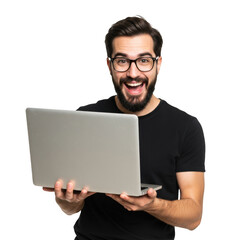 Excited bearded man wearing glasses holding a silver laptop with a joyful expression isolated on transparent background