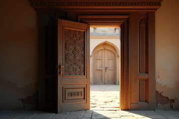 Fototapeta premium Ancient Wooden Door with Intricate Carvings, Partially Open to Mystery