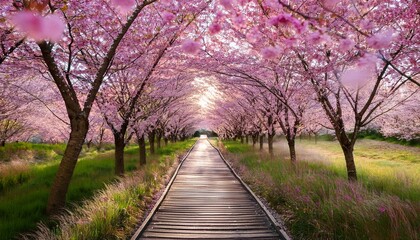 Fototapeta premium serene wooden pathway through a blossoming pink cherry tree tunnel