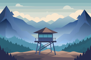 Clean Vector Illustration Watchtower With Misty Morning