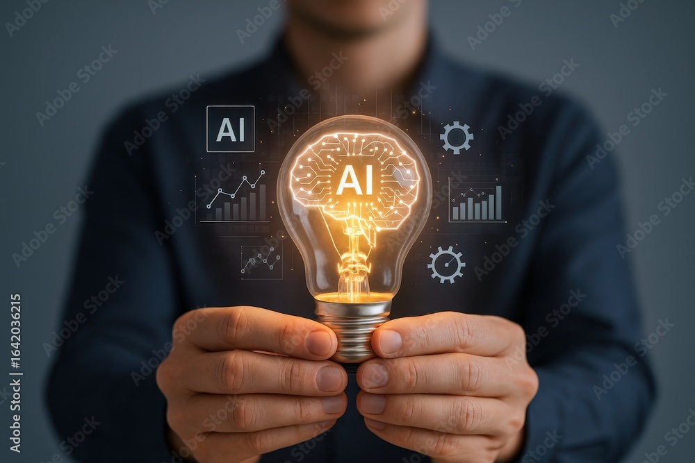 Poster artificial intelligence concept: person holding lightbulb with brain circuit, representing ai and in