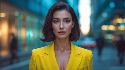Obraz premium Stunning portrait of a woman in a yellow blazer, with a serious expression, in a city setting.