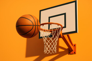 Basketball ball near hoop on orange background, minimal sports concept