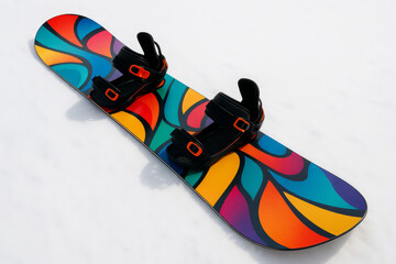 Colorful snowboard with bindings on snow surface, winter sports gear