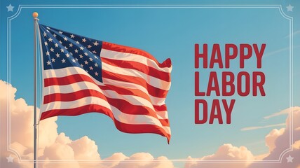 American Flag Celebrates Labor Day with Festive Border and Sky Backdrop Keywords: American flag, USA, United