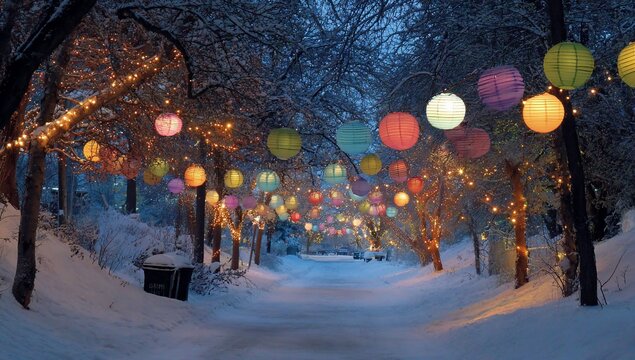 Snowy path adorned with colorful lanterns & string lights in winter dusk