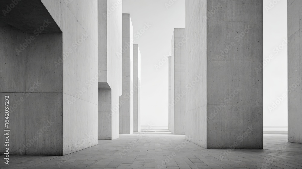 Poster Architectural Abstraction: Minimalist Concrete Structures in an Urban Landscape, Emphasizing Geometric Forms and Modern Design