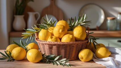A woven basket brimming with bright yellow lemons and fresh green olive branches rests on a light wooden countertop in a sunlit kitchen setting.
