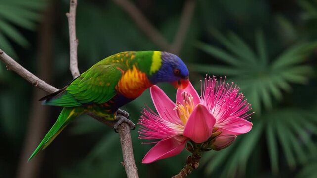 Rainbow Lorikeet feeding on flower nectar in tropical garden for vibrant wildlife footage