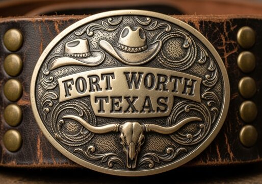 Ornate western belt buckle featuring fort worth texas and a longhorn skull 