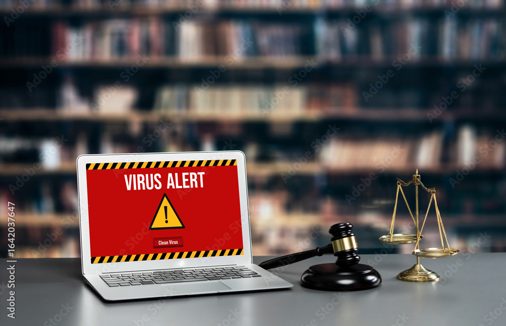 Aufkleber virus warning alert on computer screen detected brisk cyber threat , hacker, computer virus and malw