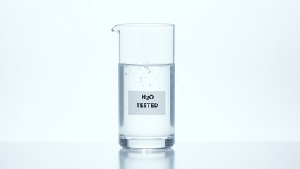 Clear glass beaker filled with water labeled H2O TESTER