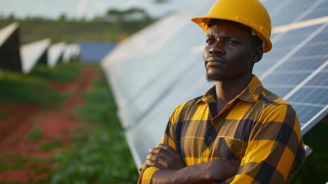 A man in a hard hat stands confidently amidst rows of solar panels, overseeing the installation and operation of renewable energy equipment.